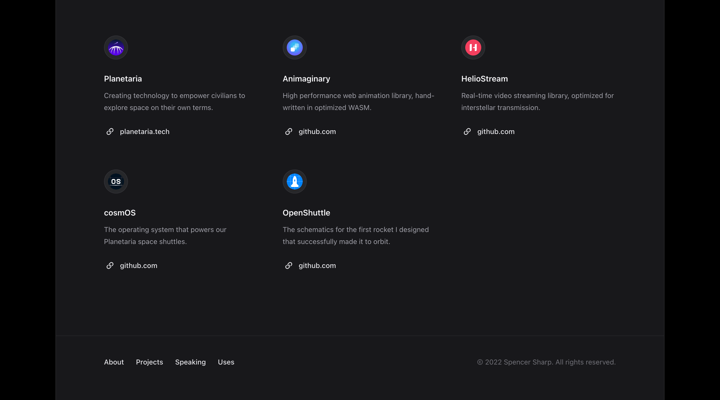 Screenshot of the Spotlight Tailwind UI template projects page. The projects are arranged in a grid with three columns and two rows. Each project has a name, a logo, a short description, and a URL. At the bottom of the screen is the site footer with navigation links and a copyright notice.