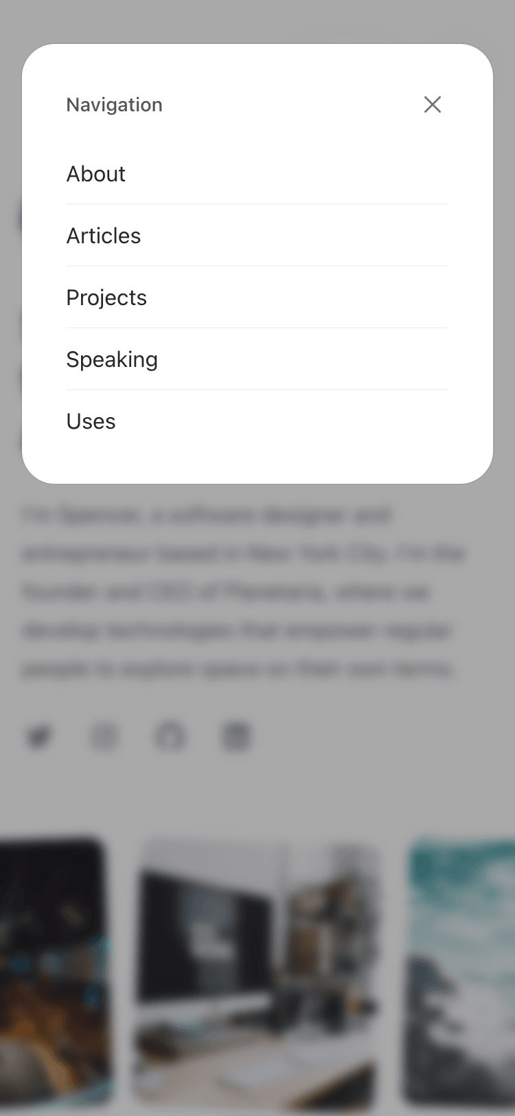 Mobile screenshot of the Spotlight Tailwind UI template navigation popover. The popover sits on top of the page content and contains a list of page links. There is a close button in the upper right corner of the popover.