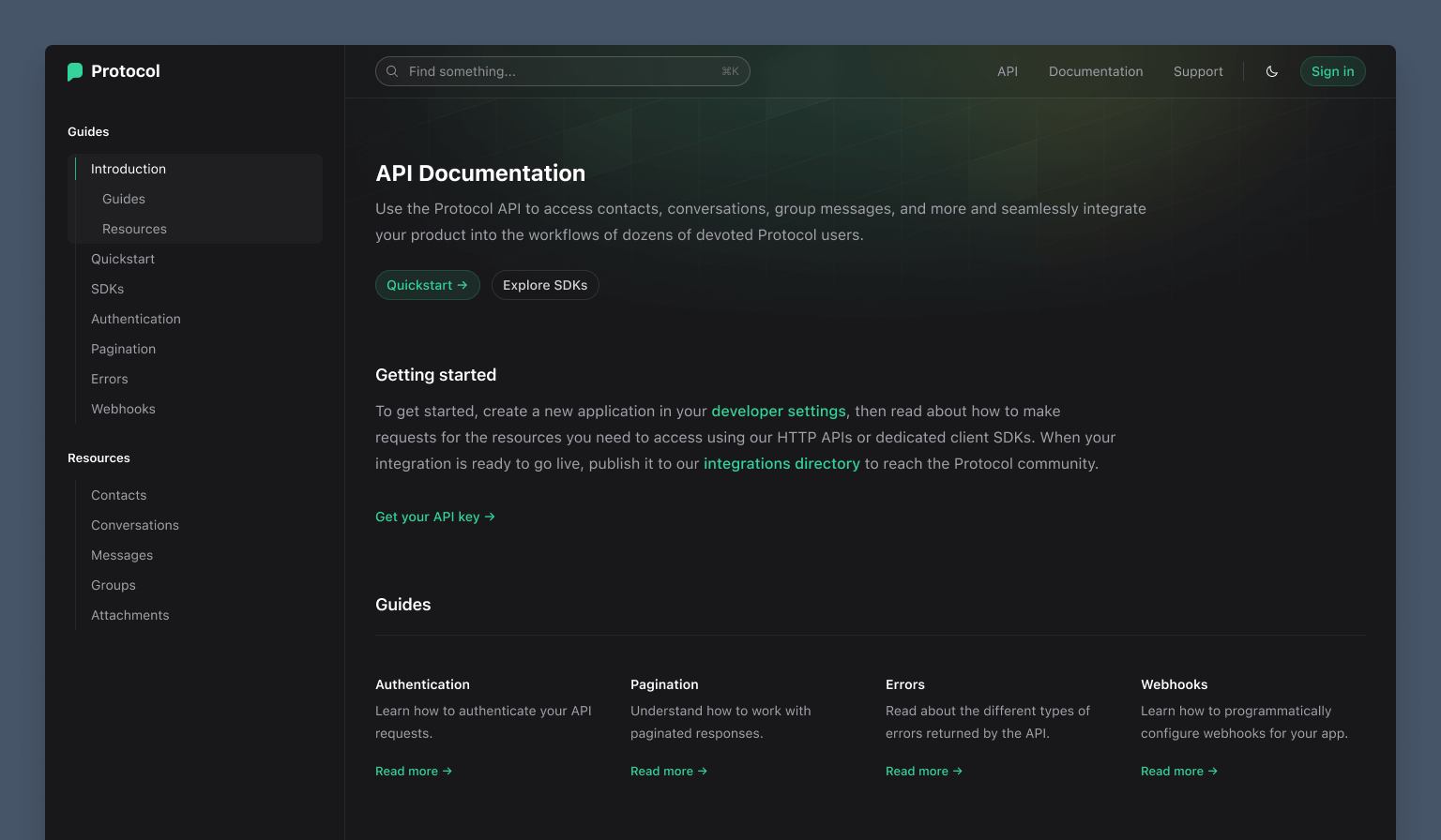 The Protocol template design in dark mode